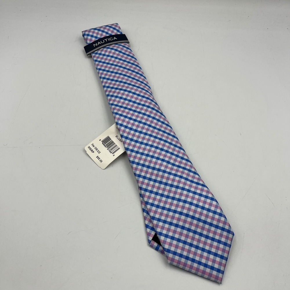Nautica Mens Blue Pink Plaid Gingham Polyester Necktie 3NC8-5319-BLS Blush